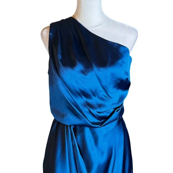 NWT XSCAPE One-Shoulder Satin Gown Ocean Blue Size 6 - Picture 8 of 16